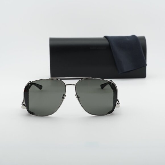 Saint Laurent SL 653 LEON LEATHER SPOILER 001 Aviator Sunglasses - Silver/Black